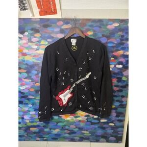 Rock and Roll Hall of Fame Guitar Sequin Cardigan Sweater Black Women Large
